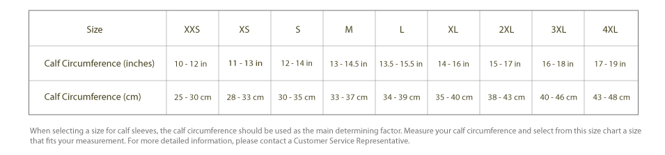 UV Compression Calf Sleeves Size Chart