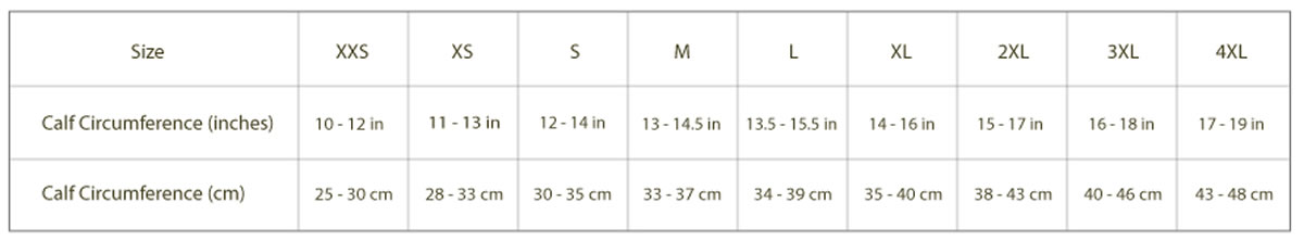 UV Compression Calf Sleeves Size Chart