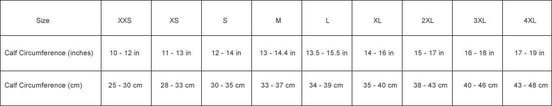 UV Compression Calf Sleeves Size Chart